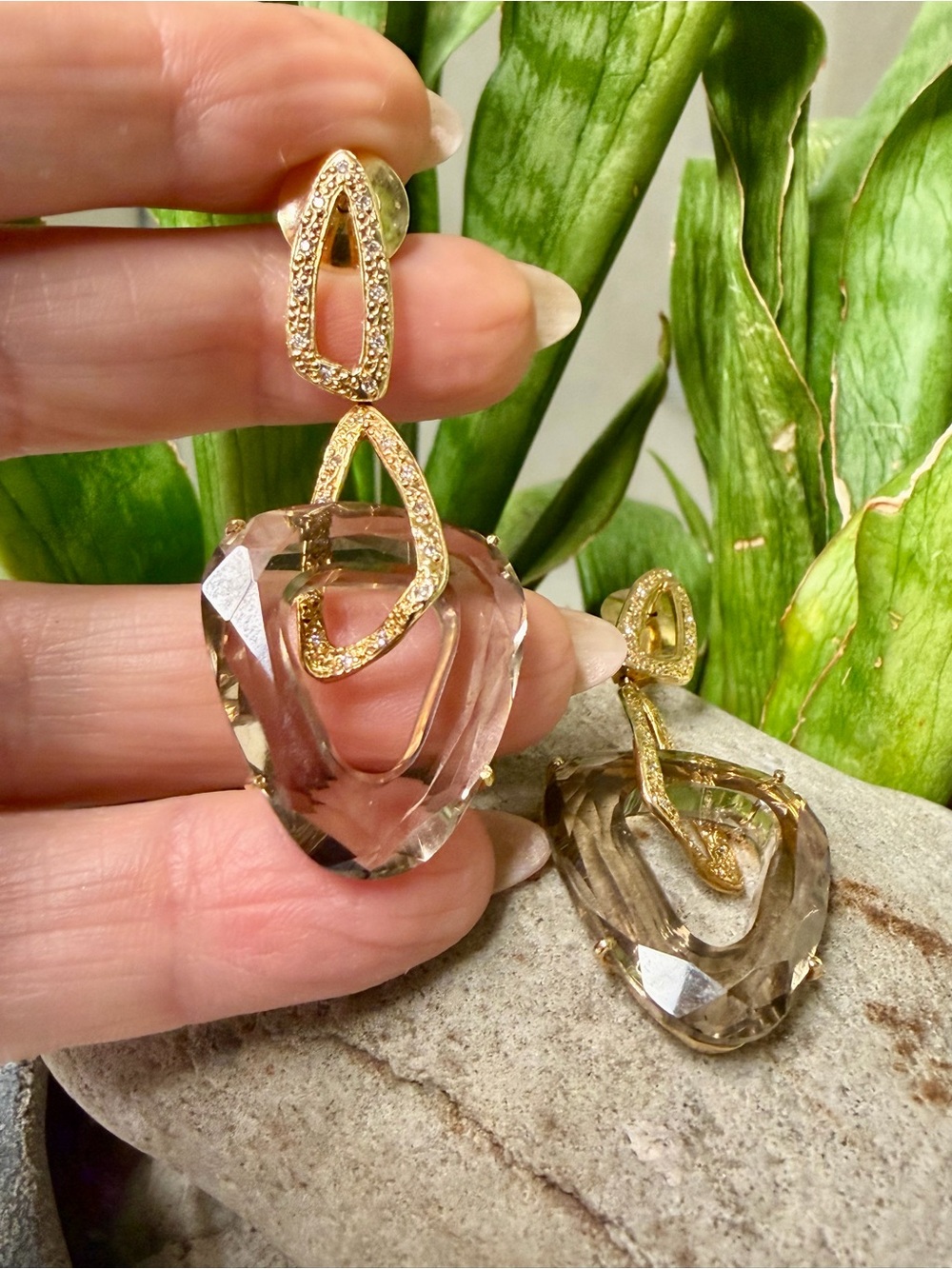 18 karat gold, diamond and smoky quartz earrings